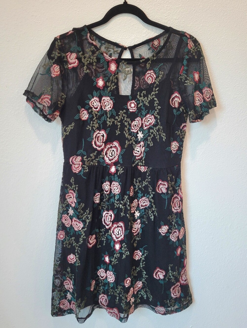 Worthington Womens 6 Black Mesh Embroidered Mini Dress Whimsigoth Floral